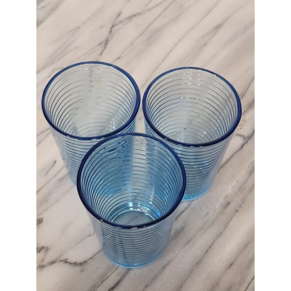 KIG Indonesia 4" Juice Glass Blue Concentric Ribbed Circular Pattern Vintage Set - Picture 3 of 13